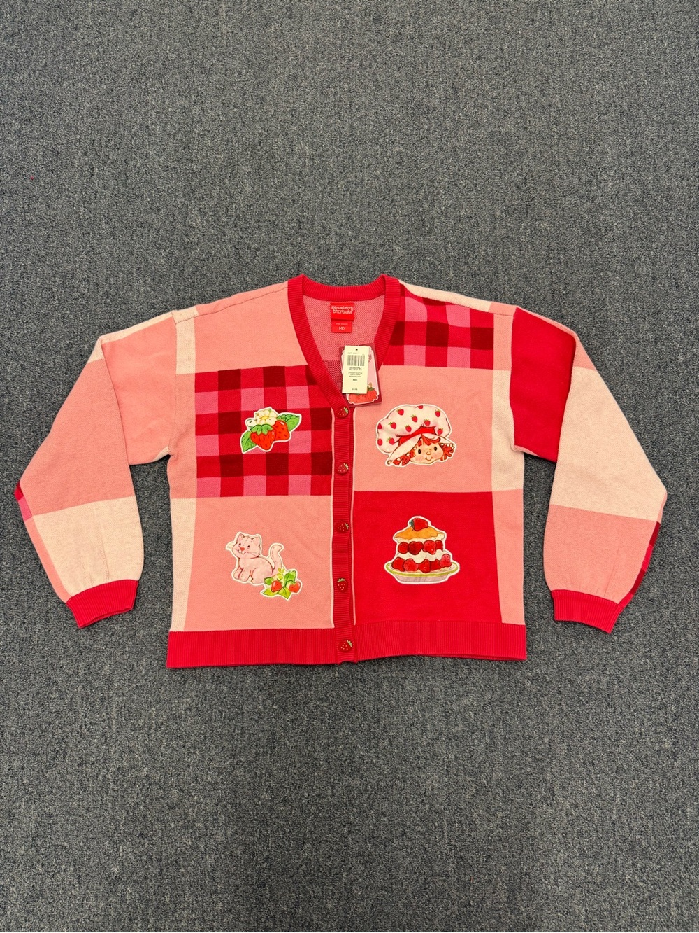 Strawberry Shortcake Pink and Red Patchwork Cardigan with Cute Appliqués